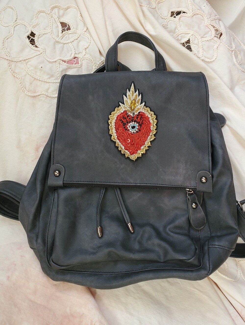 Upcycled Evil Eye Sacred Heart Black Backpack Purse New & Upcycled
